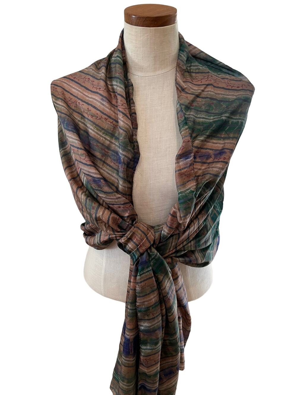 Large Vintage Indian Silk Print Wrap Scarf Taupe Green Stripe